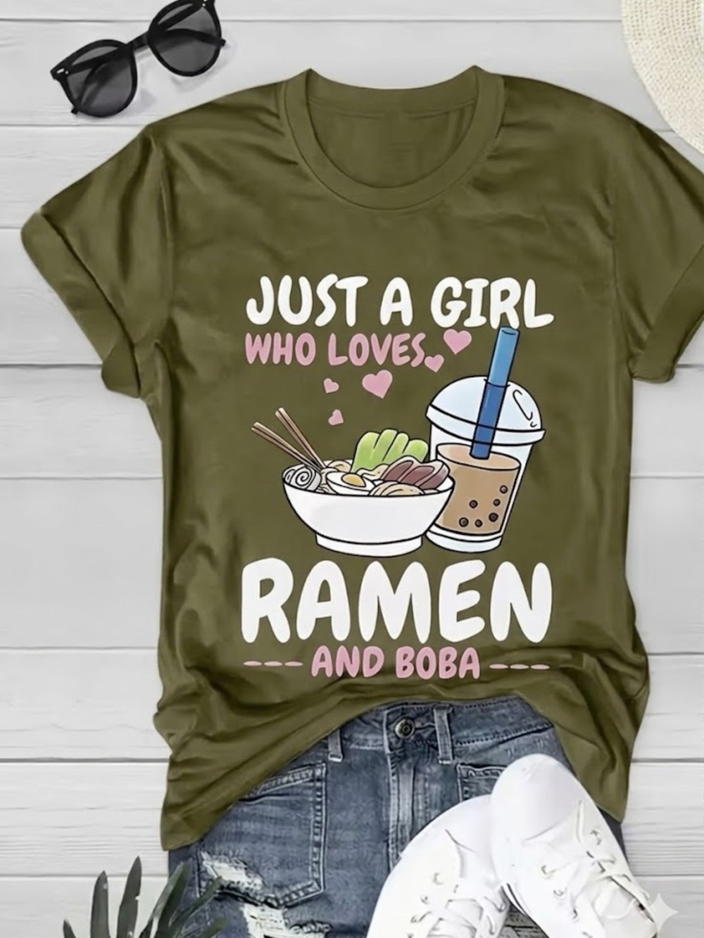 Olive Green "Just a Girl Who Loves Ramen and Boba" Graphic Tee